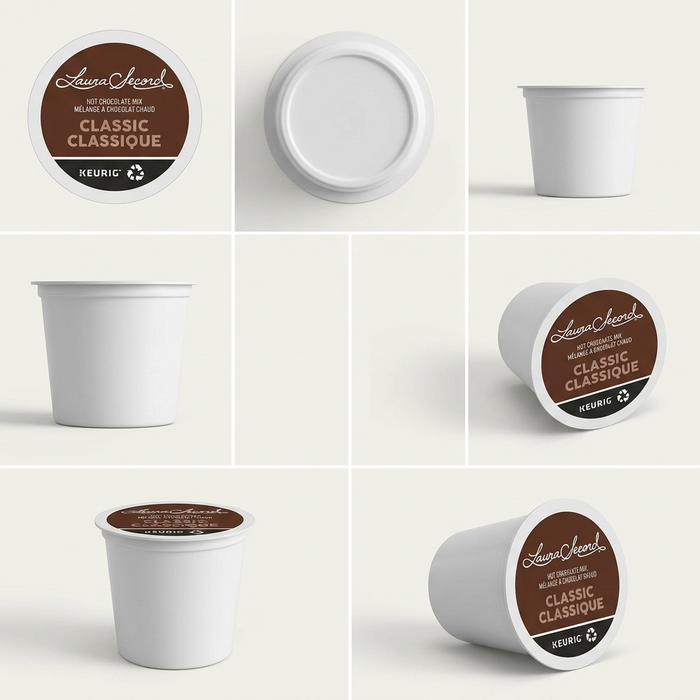 A grid showing Keurig-compatible Laura Secord Hot Chocolate Pods from six distinct angles and positions.