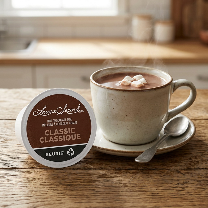 The K-Cup pod sitting next to a steaming mug of hot chocolate with marshmallows.