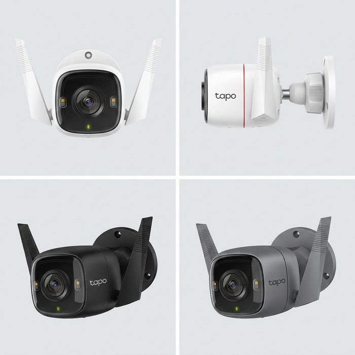 A grid showing the e-commerce camera in four variants: white, black, and two shades of grey.