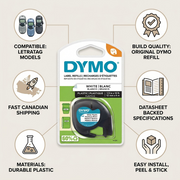 DYMO LT Plastic Labels for LetraTag Label Makers, Black Print on White Labels, 1/2" x 13-Foot Roll