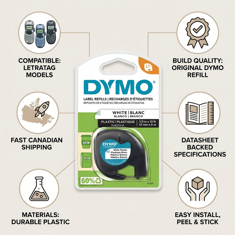 DYMO LT Plastic Labels for LetraTag Label Makers, Black Print on White Labels, 1/2" x 13-Foot Roll