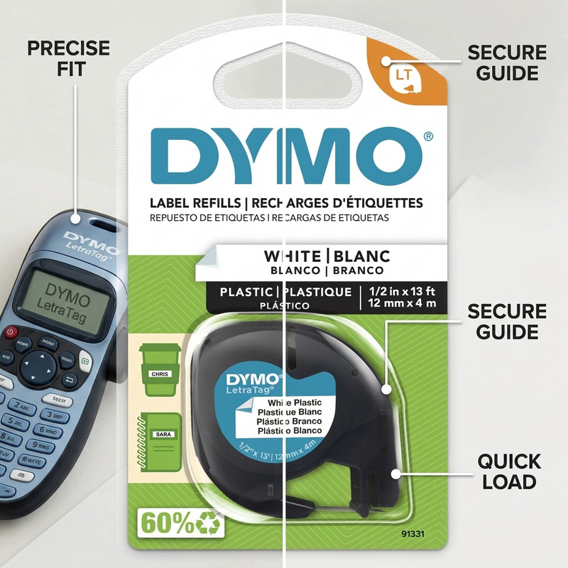 DYMO LT Plastic Labels for LetraTag Label Makers, Black Print on White Labels, 1/2" x 13-Foot Roll