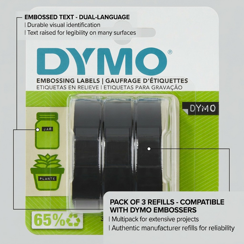 DYMO Self-Adhesive Embossing Labels, White Print on Black Tape, 3/8" x 9.8-Foot Rolls, 3 Pack