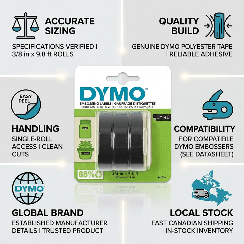 DYMO Self-Adhesive Embossing Labels, White Print on Black Tape, 3/8" x 9.8-Foot Rolls, 3 Pack