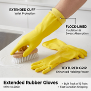 Rubber Gloves Flocklined? Yellow Small Extended Cuff - (12 pairs)
