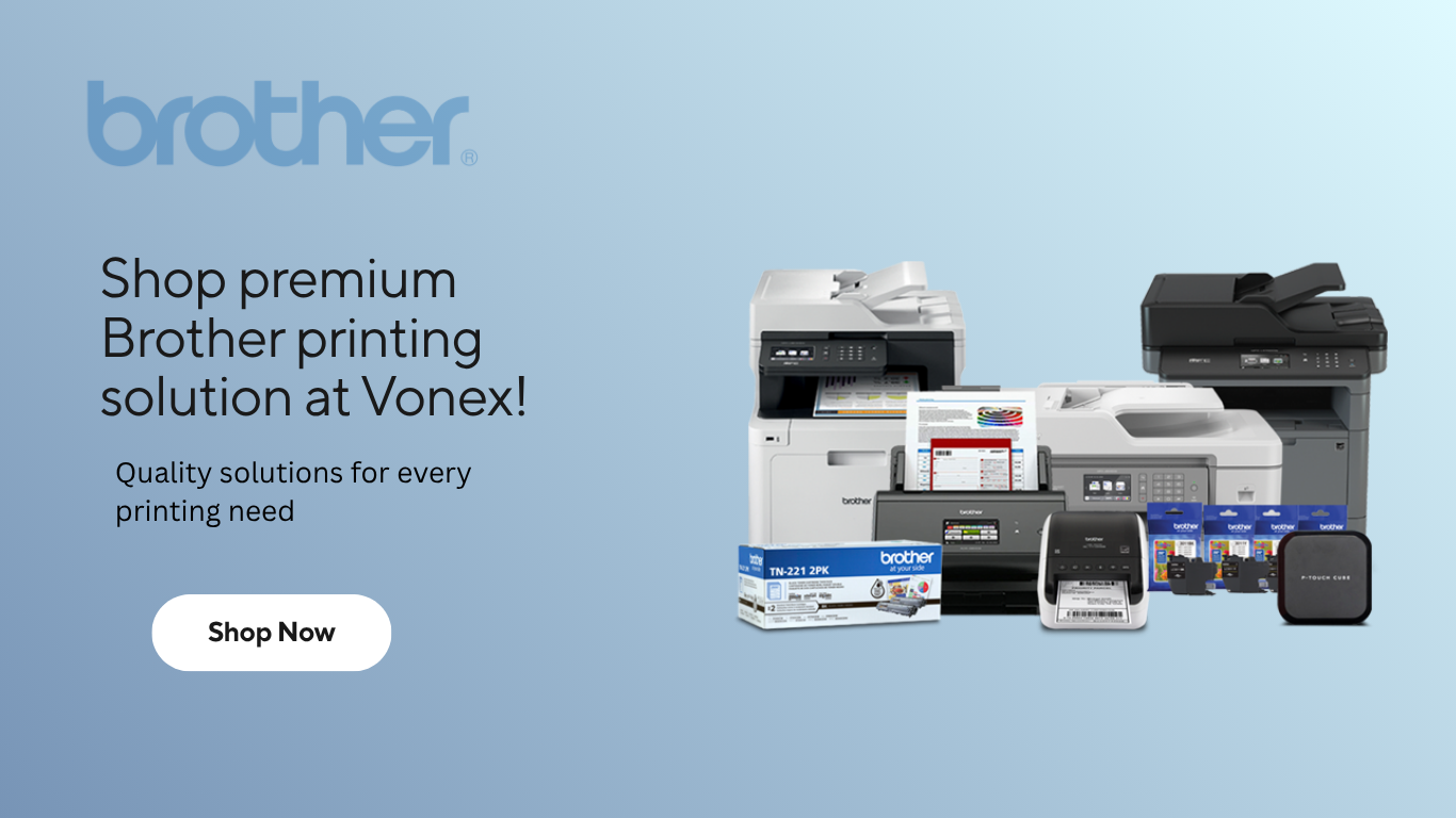 Brother printing products on a light blue background with promotional text.