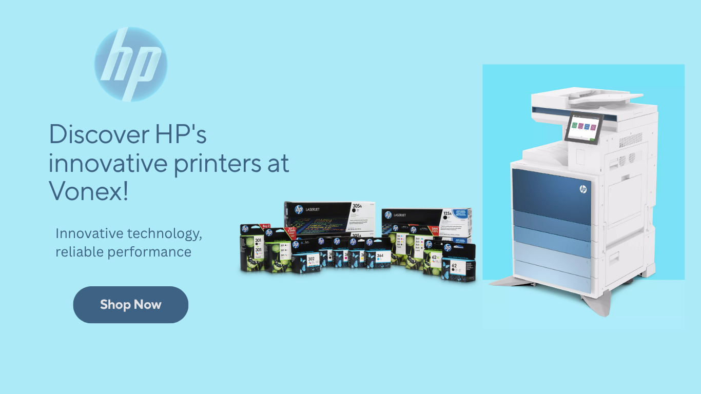 HP printers and ink cartridges on a blue background with HP logo and text.