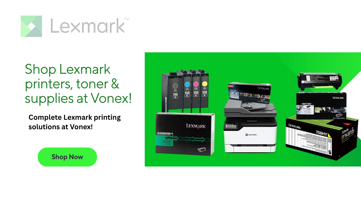 Lexmark printer and toner supplies advertisement with green and white background