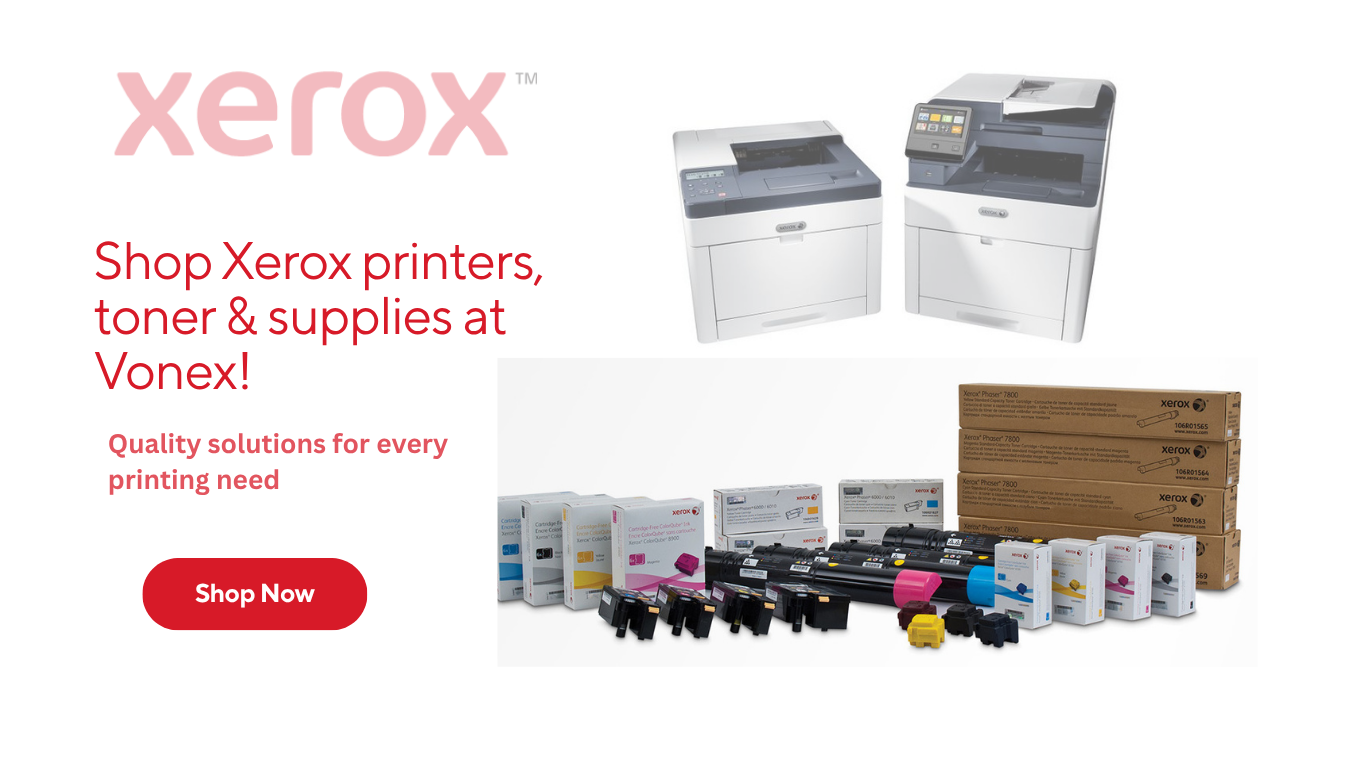 Xerox printers and toner supplies on a white background with Xerox branding.