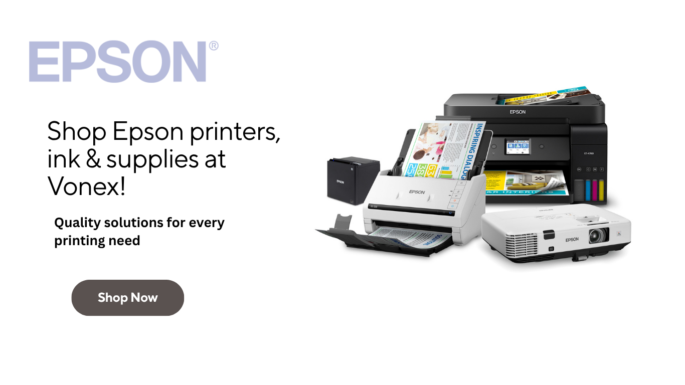 Epson printers, ink, and supplies displayed with 'Shop Now' button on a white background